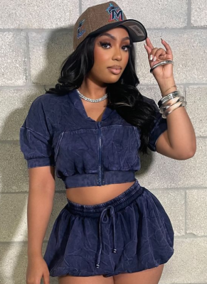 New Women'S Casual Zipper Short Top Washed Lantern Skirt Two-Piece Suit For Women