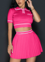 Fashion Knitted Round Neck Short Sleeve Pleated Two-piece Suit