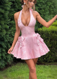 Sexy Sleeveless Halter Neck Jacquard V-neck Jacquard Bow Dress