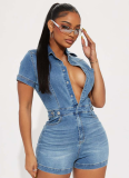 High Elastic Lapel Slim Washed Denim Jumpsuit Summer