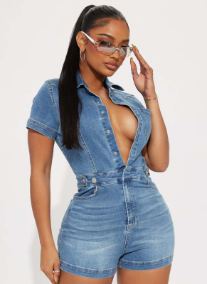 High Elastic Lapel Slim Washed Denim Jumpsuit Summer