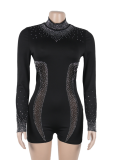 Sexy Permed Diamond See-Through Elastic Slim Fit Long Sleeve Jumpsuit For Women