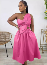 Summer Women'S Solid Color One Shoulder Petal Hollow Dress