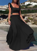 Sexy And Elegant Elastic Flower Edge Vest Solid Color Long Skirt Two Piece Suit For Women