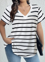 Casual Striped V-Neck Short-Sleeved T-Shirt Comfortable And Close-Fitting