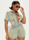 High Elastic Lapel Slim Washed Denim Jumpsuit Summer