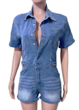 High Elastic Lapel Slim Washed Denim Jumpsuit Summer