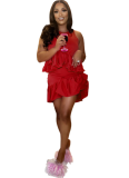 Fashion Women's Sleeveless Solid Color Ruffled Short Skirt Two-piece Suit