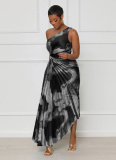 Fashionable Hot Style Oblique Collar Sleeveless Pleated Long Dress