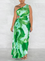 Fashionable Hot Style Oblique Collar Sleeveless Pleated Long Dress