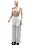 White Knitted Color Matching Sexy Perspective Hollow Three-Piece Suit Casual Beach Style