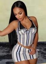 Summer Lapel Backless Top Striped Skirt Two Piece Suit Women Wholesale