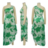 Fashionable Hot Style Oblique Collar Sleeveless Pleated Long Dress