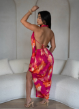 Sexy Deep V Neck Beaded Halter Neck High Slit Printed Satin Dress