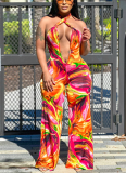 Fashion Printed Navel-Exposed Halter Neck Backless Jumpsuit