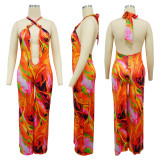 Fashion Printed Navel-Exposed Halter Neck Backless Jumpsuit