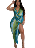Sexy Deep V Neck Beaded Halter Neck High Slit Printed Satin Dress