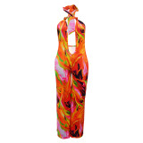 Fashion Printed Navel-Exposed Halter Neck Backless Jumpsuit