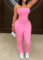 Sexy Washed Distressed Tube Top Slim Bodysuit Loose-fitting Two-piece Set