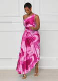Fashionable Hot Style Oblique Collar Sleeveless Pleated Long Dress