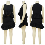 Fashion Women's Sleeveless Solid Color Ruffled Short Skirt Two-piece Suit