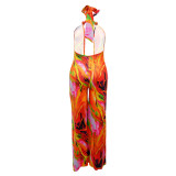 Fashion Printed Navel-Exposed Halter Neck Backless Jumpsuit
