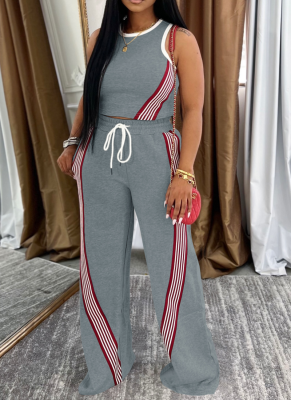 Fashion Striped Patchwork Sleeveless Vest Casual Wide-Leg Pants Two-Piece Suit For Women