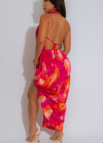 Sexy Deep V Neck Beaded Halter Neck High Slit Printed Satin Dress