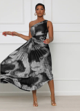 Fashionable Hot Style Oblique Collar Sleeveless Pleated Long Dress