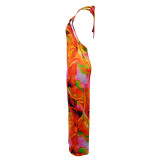 Fashion Printed Navel-Exposed Halter Neck Backless Jumpsuit