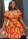 Orange-Red Elegant Printed Waist-Hugging Pleated Flying Sleeve Jumpsuit For Women