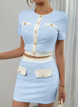Spring And Summer New Contrast Color Cardigan Top Tight Skirt Two Piece Set Wholesale
