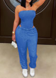Sexy Washed Distressed Tube Top Slim Bodysuit Loose-fitting Two-piece Set