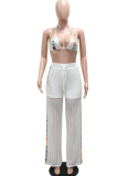 White Knitted Color Matching Sexy Perspective Hollow Three-Piece Suit Casual Beach Style