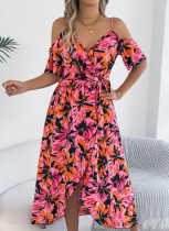 Women's Off Shoulder Crossover V Neck Floral Print Resort Dress