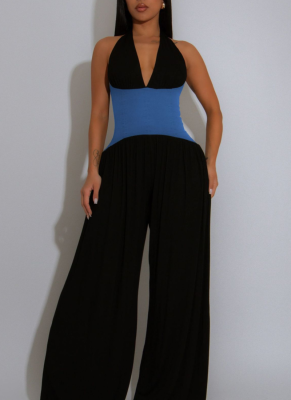 Sexy Halterneck Sleeveless Stitching Contrast Color Wide-leg Jumpsuit