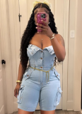 Tube Top Cardigan Button Pocket Denim Jumpsuit Wholesale