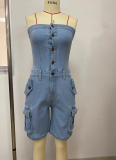 Tube Top Cardigan Button Pocket Denim Jumpsuit Wholesale