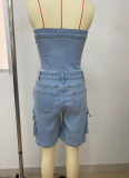 Tube Top Cardigan Button Pocket Denim Jumpsuit Wholesale