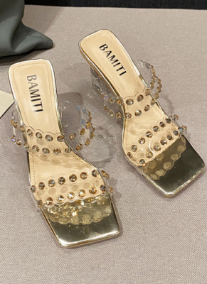 Fashion Square Toe Rhinestone Slippers Thick Heel High Heels Outdoor Sandals