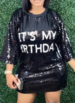 Fashion Round Neck Short Sleeve Loose Sequined Print Dress Nightclub Style