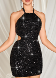 Sexy Backless Black Sequined Short Dress Wholesale