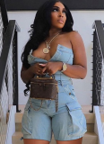 Tube Top Cardigan Button Pocket Denim Jumpsuit Wholesale