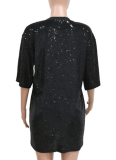 Fashion Round Neck Short Sleeve Loose Sequined Print Dress Nightclub Style