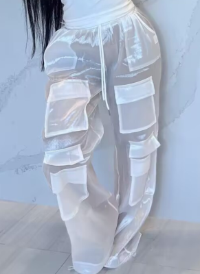 Sexy See-Through Mercerized Elegant Loose Large Pocket Straight Trousers Wholesale