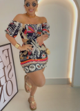 Sexy One-shoulder Two-wear Printed Waist-hugging Backless Lantern Sleeve Dress