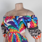 Sexy One-shoulder Two-wear Printed Waist-hugging Backless Lantern Sleeve Dress