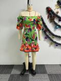 Sexy One-shoulder Two-wear Printed Waist-hugging Backless Lantern Sleeve Dress