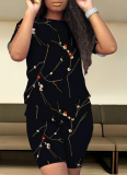 Casual Printed Round Neck Short Sleeve Top Tight Shorts Two-Piece Set
