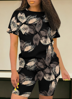 Casual Printed Round Neck Short Sleeve Top Tight Shorts Two-Piece Set